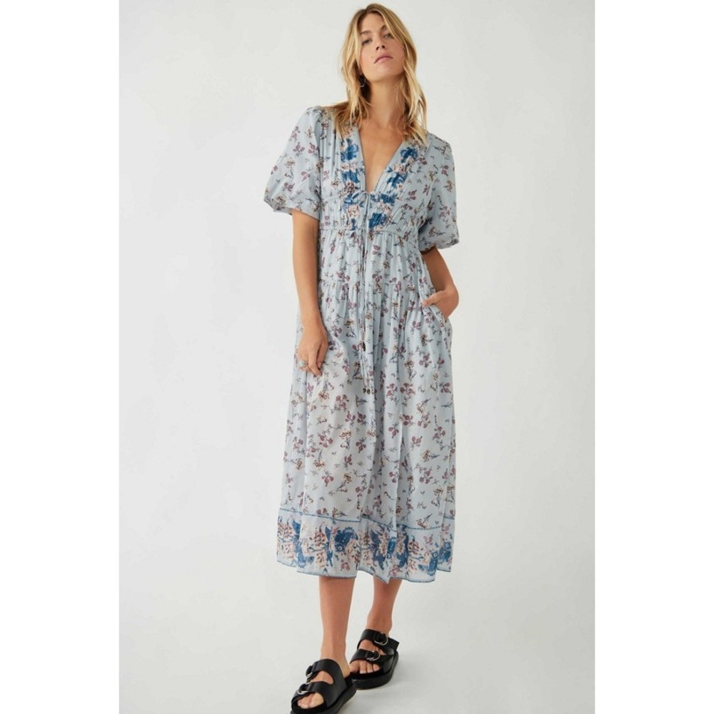 Free People Lysette Maxi Dress Womens S Blue Floral Tie Front Puff Sleeve Pocket